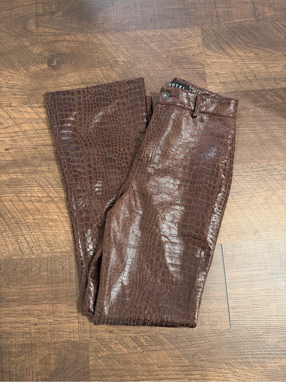 Motelrocks High-rise Croc Pu Brown Flare Trouser